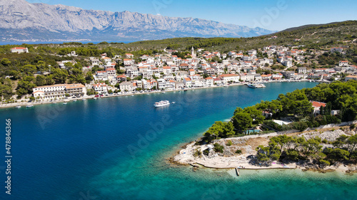 Top view of the sea and the town of Povlia on Brac island in Croatia.