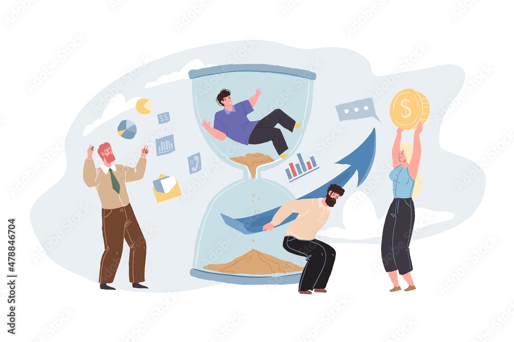 Vector cartoon flat characters,specialists team work with online apps elements,trying to help customer who trapped in huge hourglass-professional business workflow concept,site banner ad design