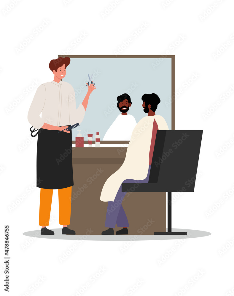 Hairdresser profession concept. Young male stylist with scissors and comb in his hands doing haircuts and hairstyles for man. Barbershop employee at work. Cartoon modern flat vector illustration