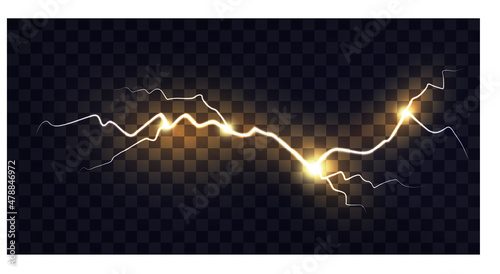 Electric discharge. Yellow lightning isolated on transparent background. Natural phenomenon. Vector