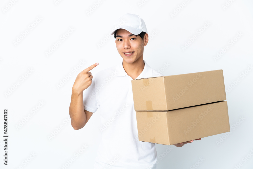 Delivery Chinese man isolated on white background giving a thumbs up gesture Delivery Chinese man isolated on white background giving a thumbs up gesture