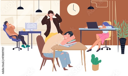 Vector cartoon flat tired characters who fell asleep at their workplaces in office-work stress problem,human physiology,principles of healthy sleep concept,web site banner ad design