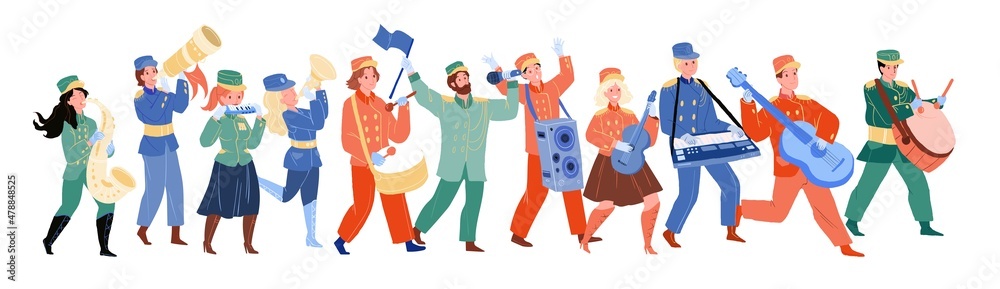 Music band characters playing different musical instrument moving in row. Flat hand drawn people in costume uniform participating in parade isolated on white background