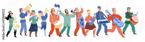 Music band characters playing different musical instrument moving in row. Flat hand drawn people in costume uniform participating in parade isolated on white background photo