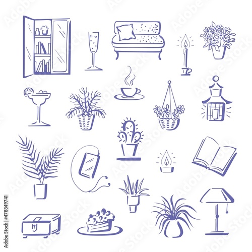 Home hygge, relax ambience with things for stay-at-home leisure and indoor lifestyle. Collection of cute doodle objects