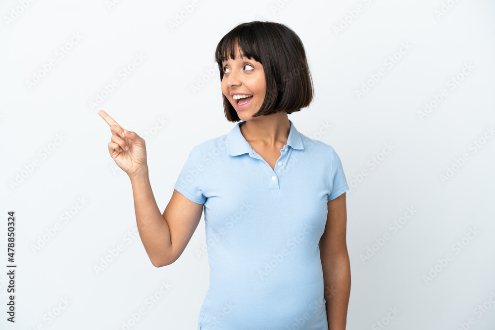 Pregnant woman over isolated white background intending to realizes the solution while lifting a finger up Pregnant woman over isolated white background intending to realizes the solution while lifting a finger up