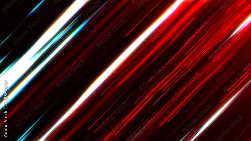 Abstract neon red animated background of randomly moving lines, LED strips. Looped background design, speed simulation. Headlight light. Open space, meteor shower, starfall. Northern lights. 4k