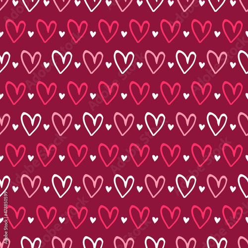 Heart seamless pattern vector, very cute print illustration. Hand made draw, pink, red and white. Colorful surface design. Background, backdrop. Love, Valentine's Day theme. Romantic, boyfriend