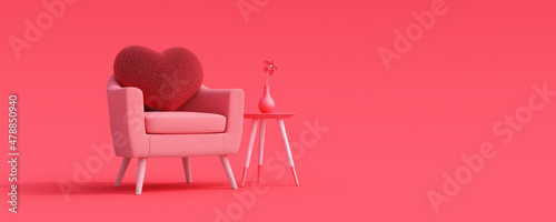 Red heart on pink armchair, mock up minimal interior design concept with copy space 3d render 3d illustration