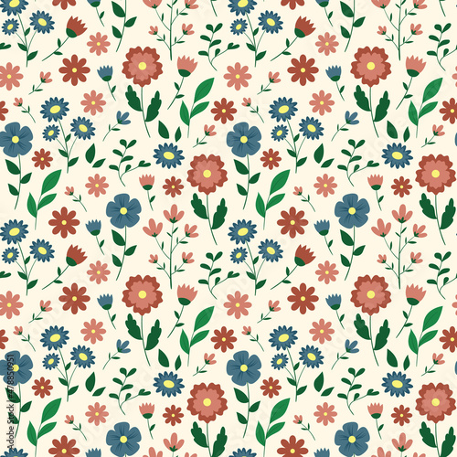 Floral vector seamless pattern. Dark moderate red, desaturated red, dark blue, dark blue-green