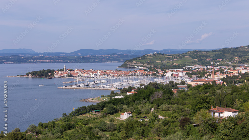 Overview over the seaside village of Izola in Slovenia on a beautiful summer day