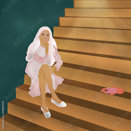 Mała dziewczynka samotnie siedzi na schodach obok porzuconej plastikowej lalki