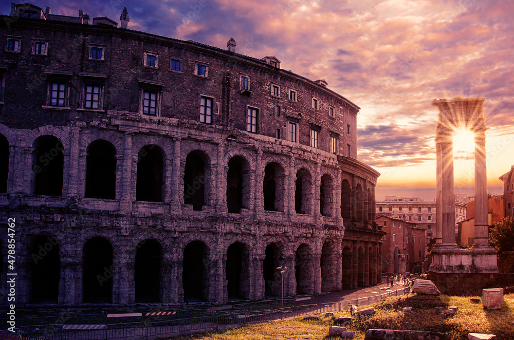 Sunset over Rome Colosseum in Rome, Italy