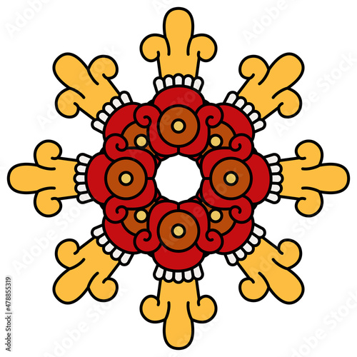 Round geometrical star shape or mandala with Native American motifs of Aztec Indians from Mexican codex.