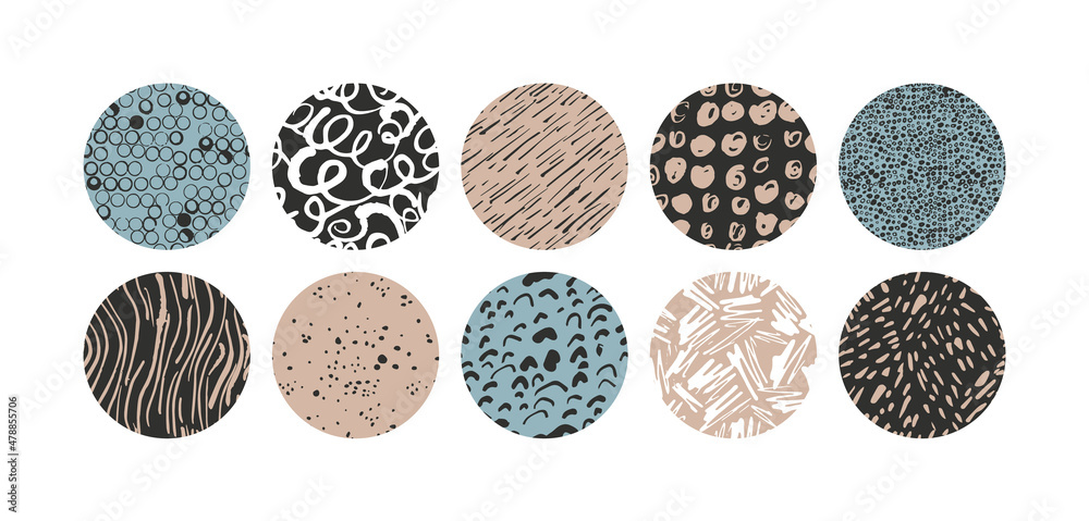 Vector illustration set of round abstract backgrounds or patterns for social media icons template. Contemporary minimal modern trendy doodle. Naive art. Vector illustration set of round abstract backgrounds or patterns for social media icons template. Contemporary minimal modern trendy doodle. Naive art.