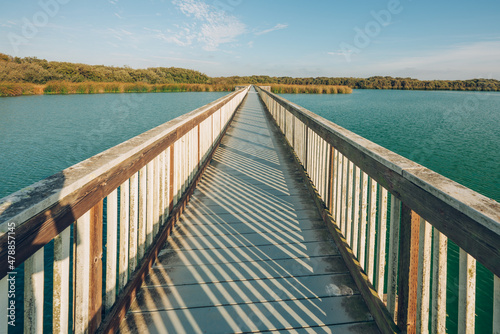 Lake, and long wooden boardwalk through the lake. Marsh plants, bushes, green forest, and cloudy sky