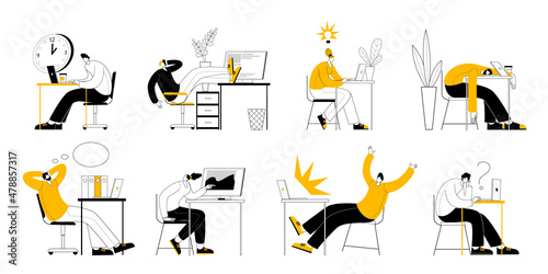 Men and women sit at desks in the office among flowers and work at computers. A set of vector illustrations on the topic of computer work and workspace.