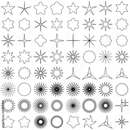 Black twinkling twisted stars line-shaped and distorted star-shaped set. Vector illustration.
