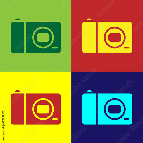 Pop art Photo camera icon isolated on color background. Foto camera icon. Vector