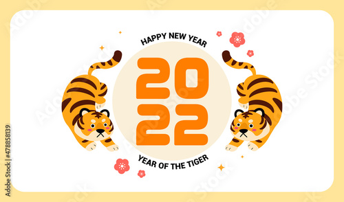 Happy New Year 2022 - Year of the Tiger vector illustration. Cute Tigers isolated on white background