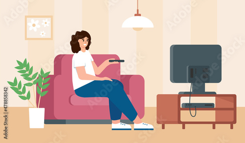Relaxed young woman sitting on armchair and watching TV. Pretty girl rests at home after work or study and watches television. Flat or cartoon vector illustration.