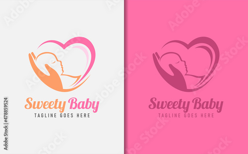 Sweety Baby Logo Design with Abstract Love Shape and Handy Care Silhouette Combination Logo Design.