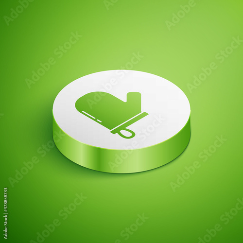 Isometric Oven glove icon isolated on green background. Kitchen potholder sign. Cooking glove. White circle button. Vector