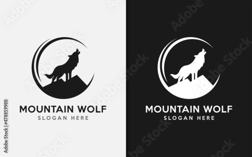 Simple Minimalist Mountain and Wolf Silhouette Logo Design Illustration.