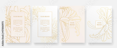 Luxury banner in light colors,
frame design set with gold flower pattern. Luxury premium background pattern for menu, elite sale, luxe invite template, ​formal invitation, luxury voucher.