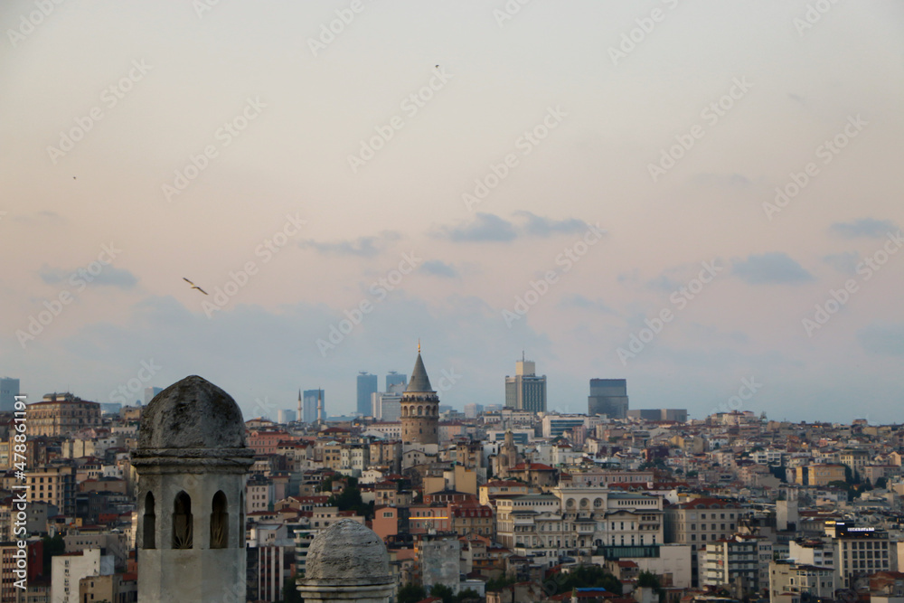 Sky, cityscape of Istanbul. Construction, housing area. Historical place. View of Karakoy, Galata Tower, Beyoglu, Eminonu  in Istanbul, Turkey. Copy paste and text space. 