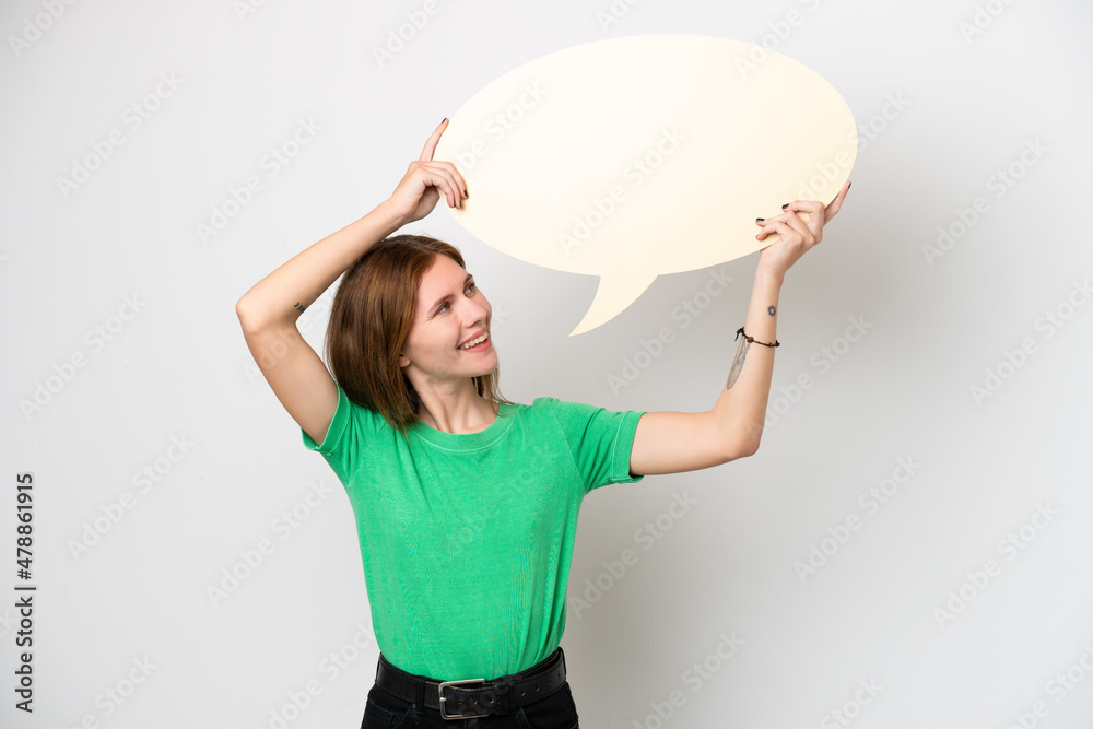 Young English woman isolated on white background holding an empty speech bubble Young English woman isolated on white background holding an empty speech bubble