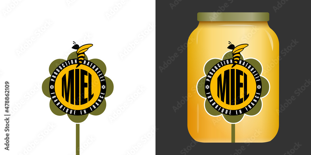 Etiquette graphique et moderne en forme de fleur pour un bocal de miel d’un producteur français - traduction : miel, fabriqué en France, biologique et naturel.