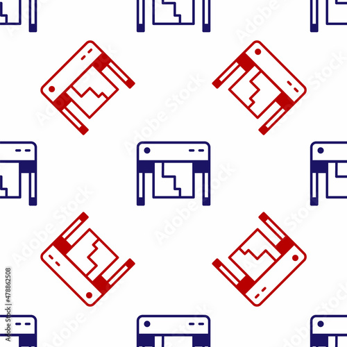 Blue and red Plotter icon isolated seamless pattern on white background. Large format multifunction printer. Polygraphy, printshop service. Vector