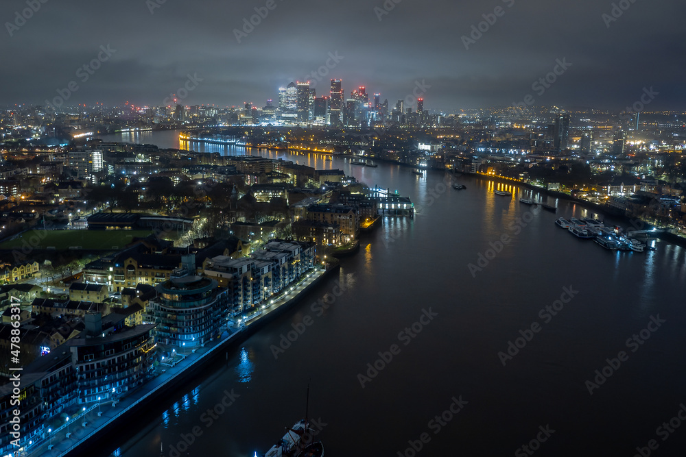 Early morning aerial image of the Thames and City of London
