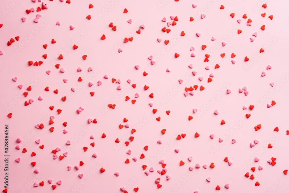 Candy confetti pattern on pink background. Happy Valentines Day concept. - obrazy, fototapety, plakaty 
