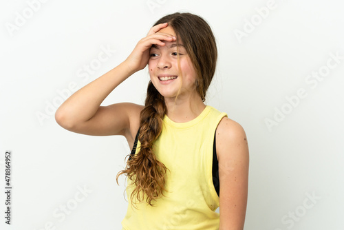 Little caucasian girl isolated on white background has realized something and intending the solution