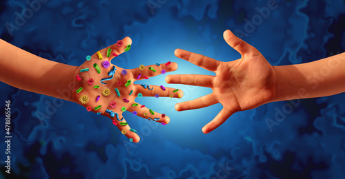 Contagious Disease Transmission and infectious diseases spread as a hygiene concept with hands full of germ virus and bacteria spreading in public as an exposure concept as infected people.