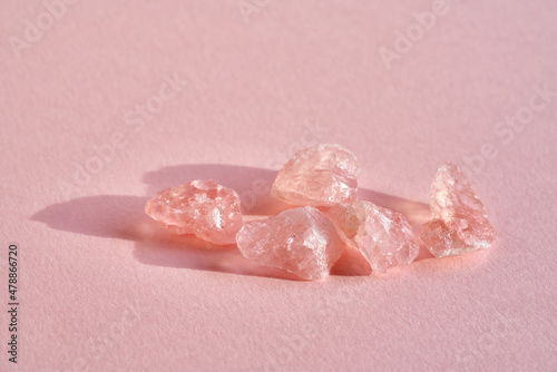 Close up of pink rose quartz crystals