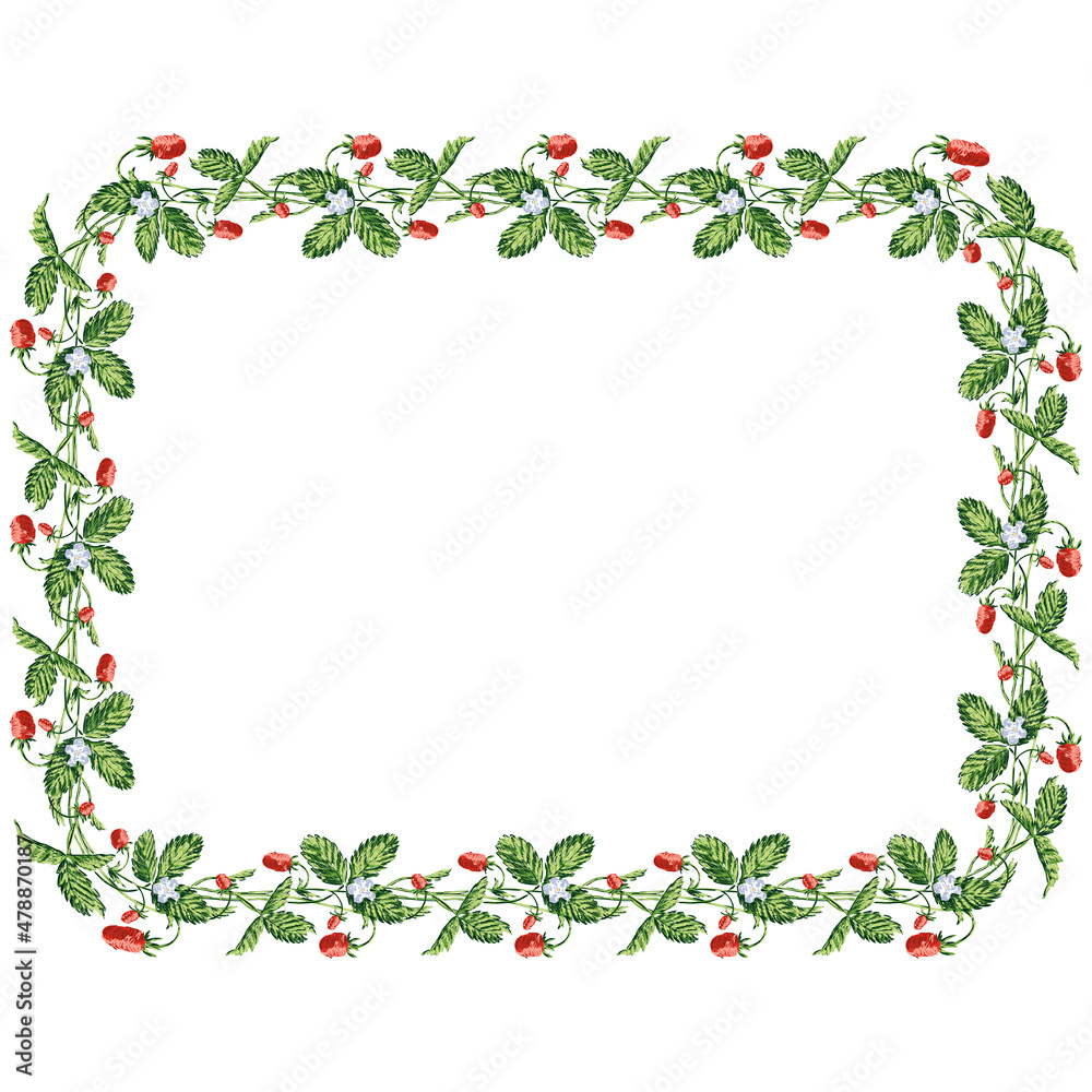 Decorative floral frame from drawn sprigs wild ripe strawberries