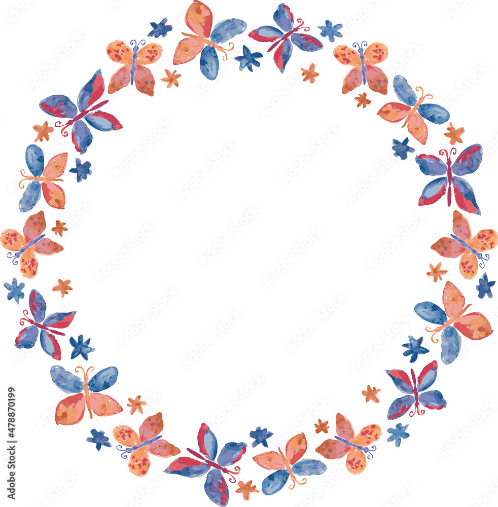 Fototapeta premium Decorative vector round border from watercolor drawings colorful butterflies and daisies