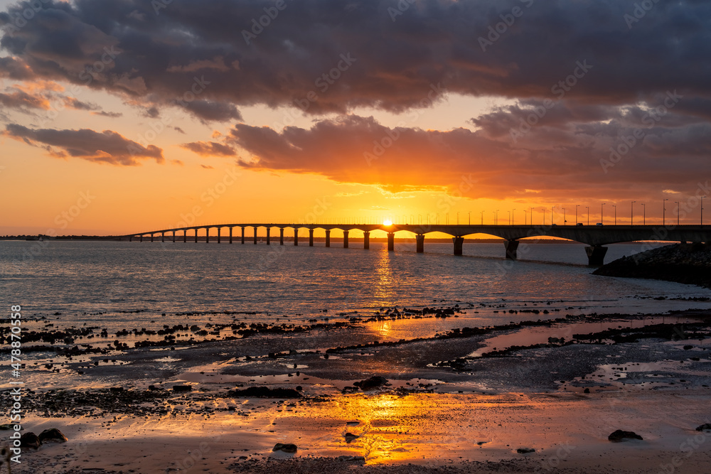 Re island bridge at sunset on a sunny evening. beautiful colors. view from La Rochelle, France