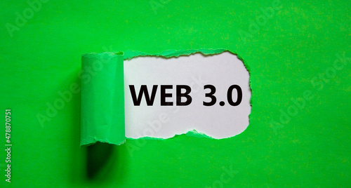 WEB 3.0 symbol. Concept words WEB 3.0 appearing behind torn green paper. Beautiful white and green background, copy space. Business, technology and WEB 3.0 concept.