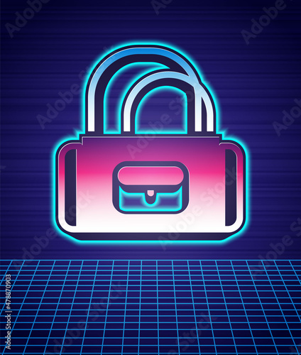 Retro style Sport bag icon isolated futuristic landscape background. 80s fashion party. Vector