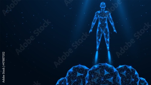 Human flight into space. The start of galactic research on long-range exploration. Polygonal construction of interconnected lines and points. Blue background.