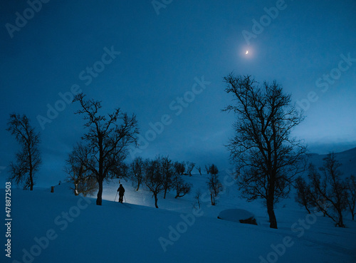 Skier with headlamp walking up a mountain surrounded by birch during moonrise 