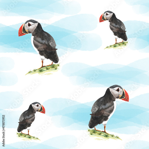 Seamless pattern with mountains and puffin bird watercolor nice illustrattion photo