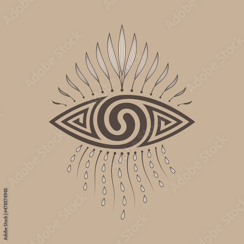 Vector psychedelic eye with decor. Two spiral - symbol of duality. Sacred geometry concept and graphic contour art.