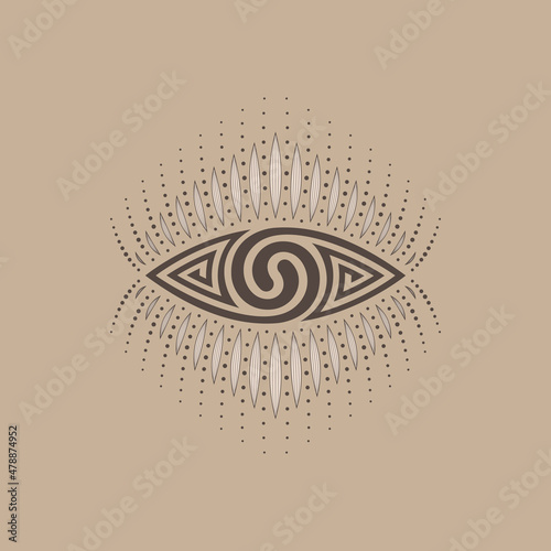 Vector psychedelic eye with decor. Two spiral - symbol of duality. Sacred geometry concept and graphic contour art.