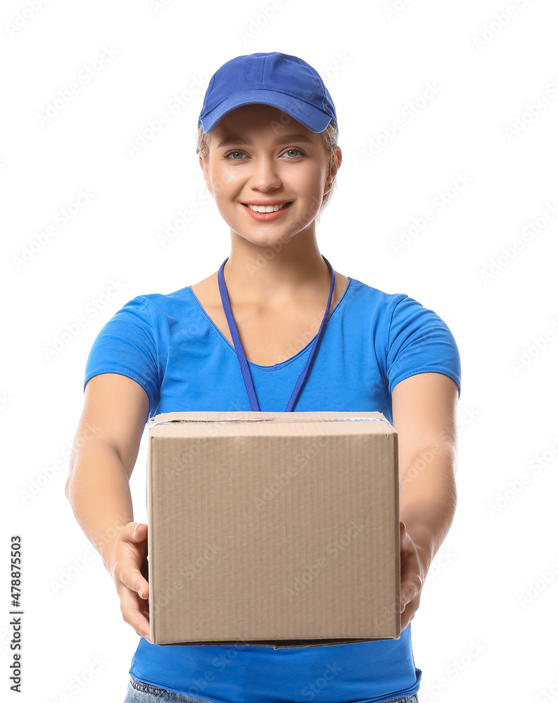 Female courier with parcel on white background Female courier with parcel on white background