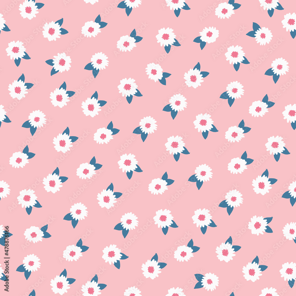 Hand drawn seamless pattern with white flowers. Wrapping, wallpaper design. Vector illustration.